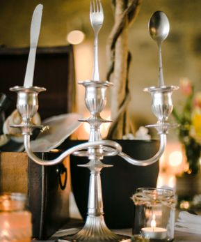 Silver Candelabra with Fork, Knife & Spoon