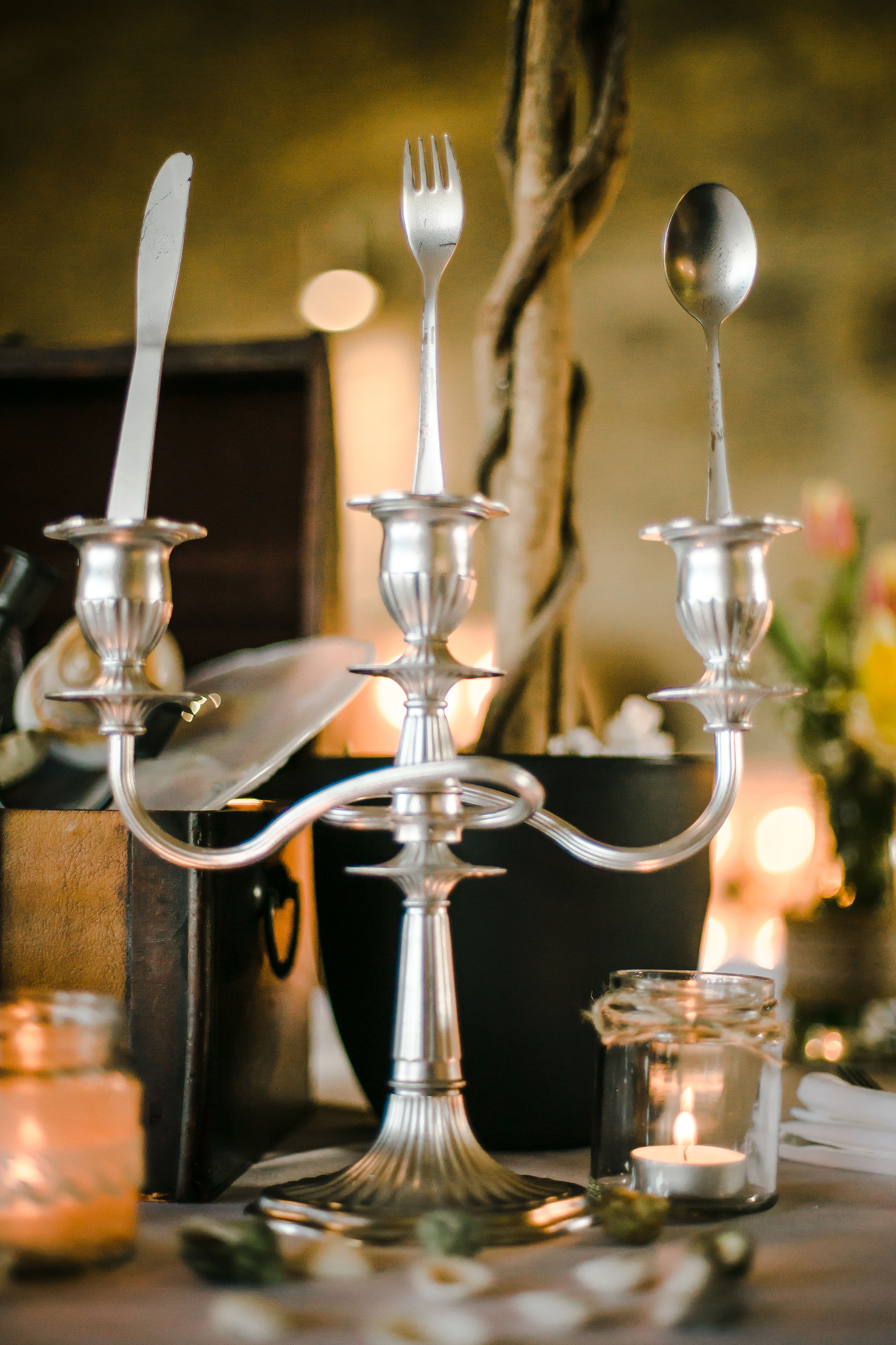 Silver Candelabra with Fork, Knife & Spoon